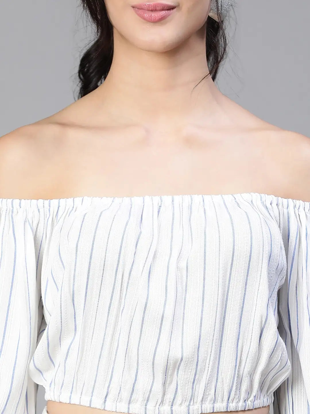 Women White Stripe Print Cold Shoulder Top and Pant