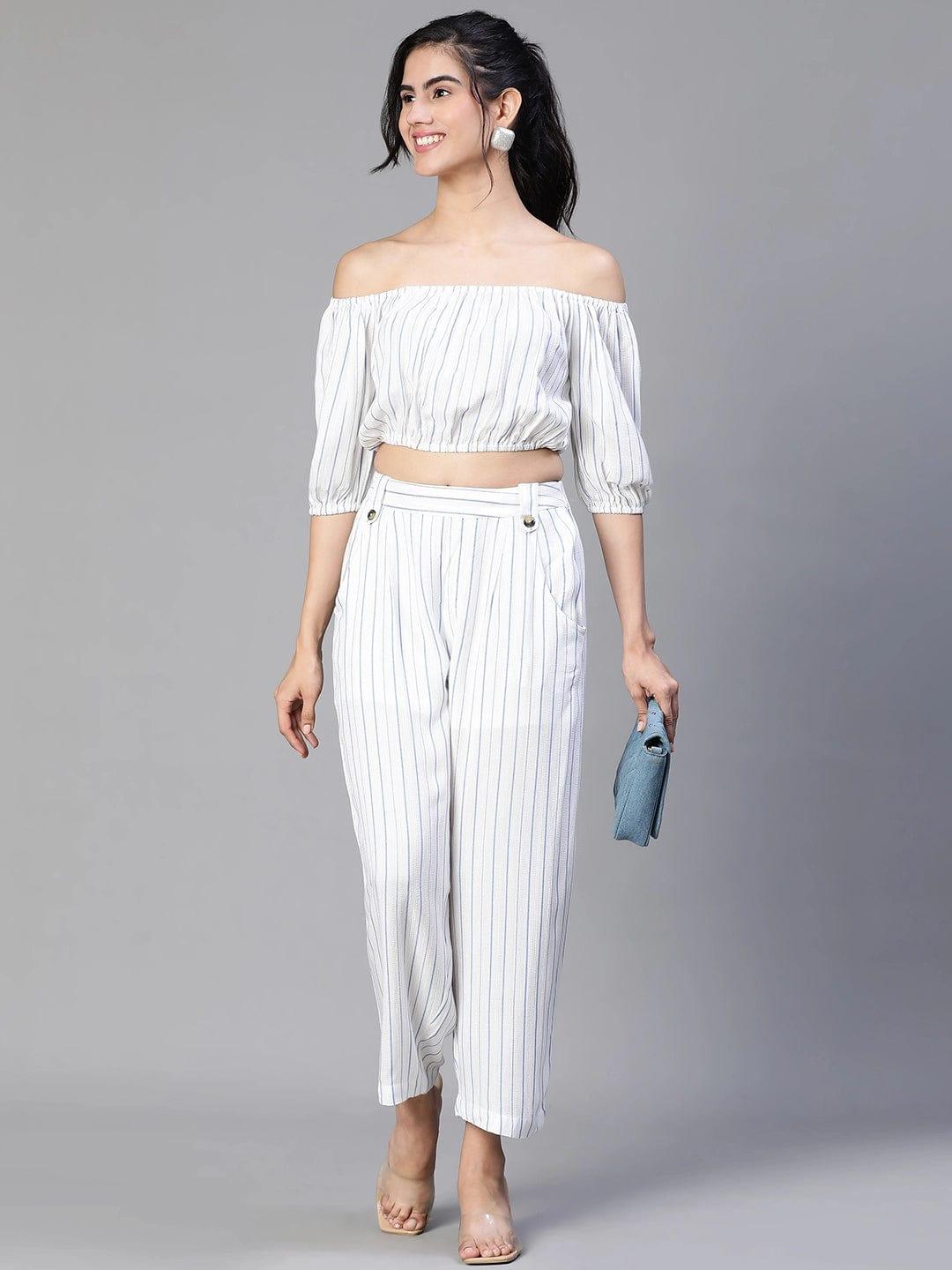 Women White Stripe Print Cold Shoulder Top and Pant