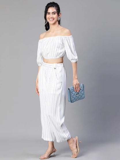 Women White Stripe Print Cold Shoulder Top and Pant