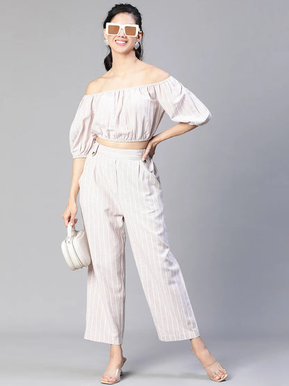 Women Beige Stripe Print Cold Shoulder Top And Pant