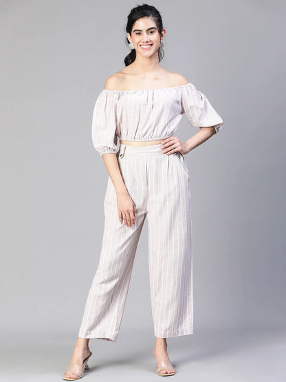 Women Beige Stripe Print Cold Shoulder Top And Pant