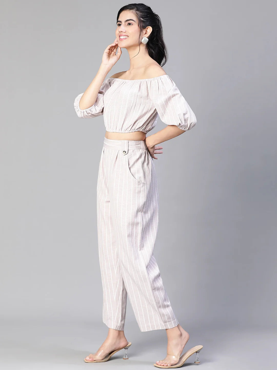 Women Beige Stripe Print Cold Shoulder Top And Pant