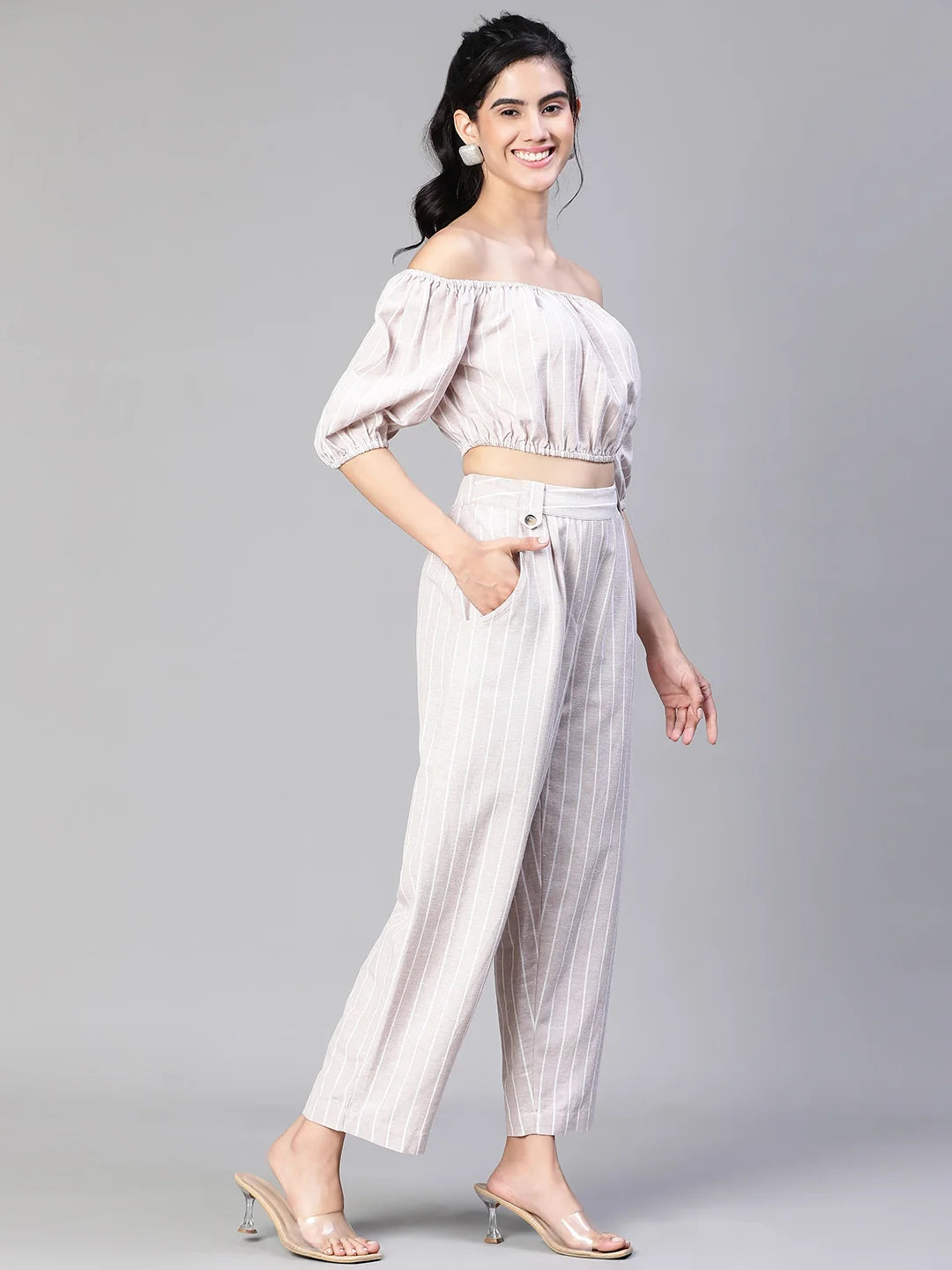 Women Beige Stripe Print Cold Shoulder Top And Pant