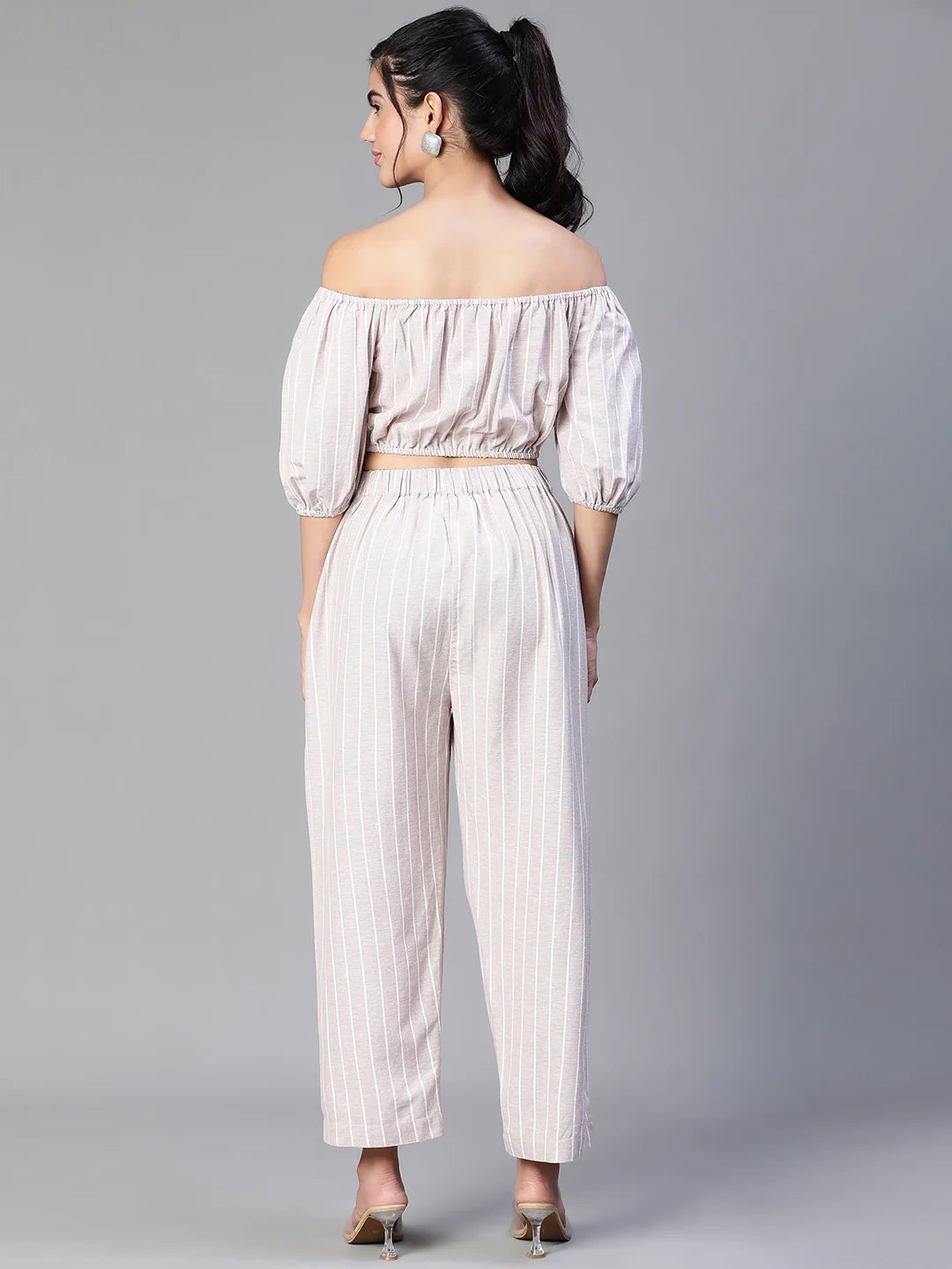 Women Beige Stripe Print Cold Shoulder Top And Pant