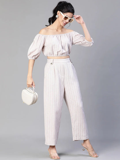 Women Beige Stripe Print Cold Shoulder Top And Pant