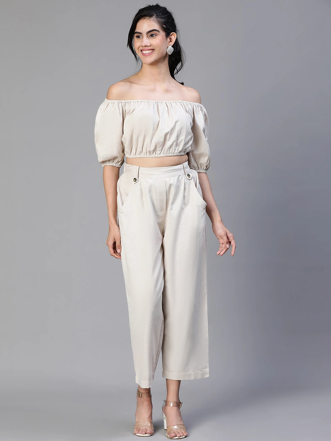 Solid Beige Cold Shoulder Top And Elasticated Pant Co-Ords