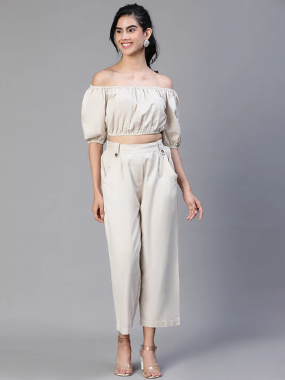 Solid Beige Cold Shoulder Top And Elasticated Pant Co-Ords