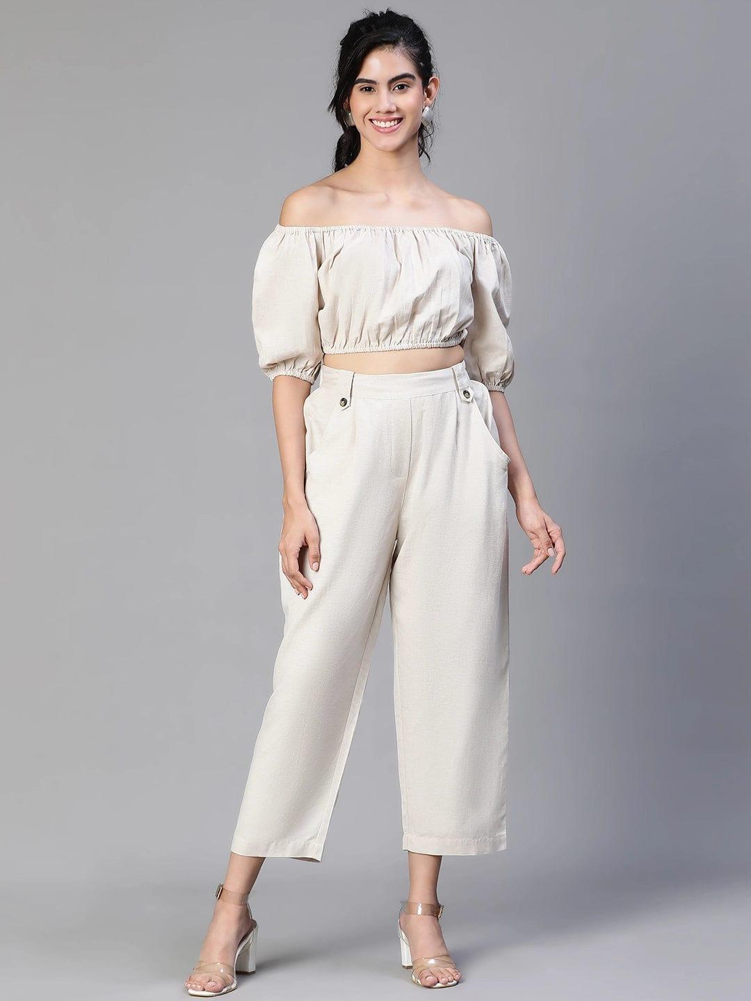 Solid Beige Cold Shoulder Top And Elasticated Pant Co-Ords