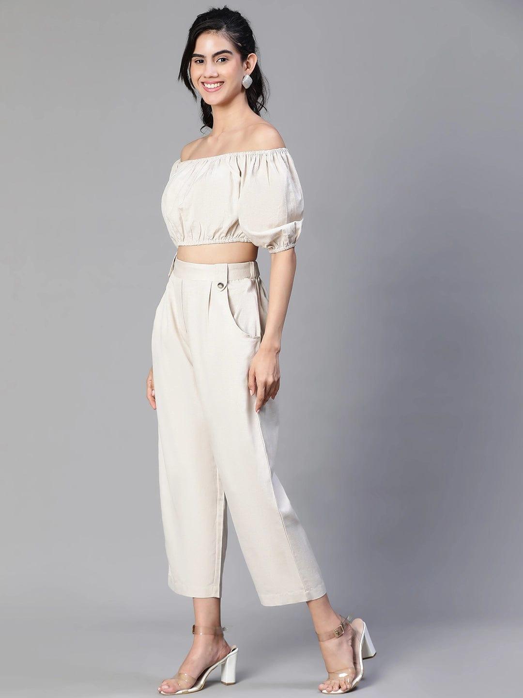 Solid Beige Cold Shoulder Top And Elasticated Pant Co-Ords