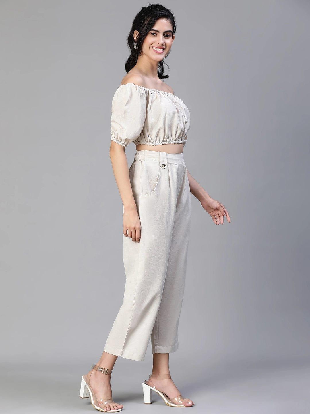 Solid Beige Cold Shoulder Top And Elasticated Pant Co-Ords