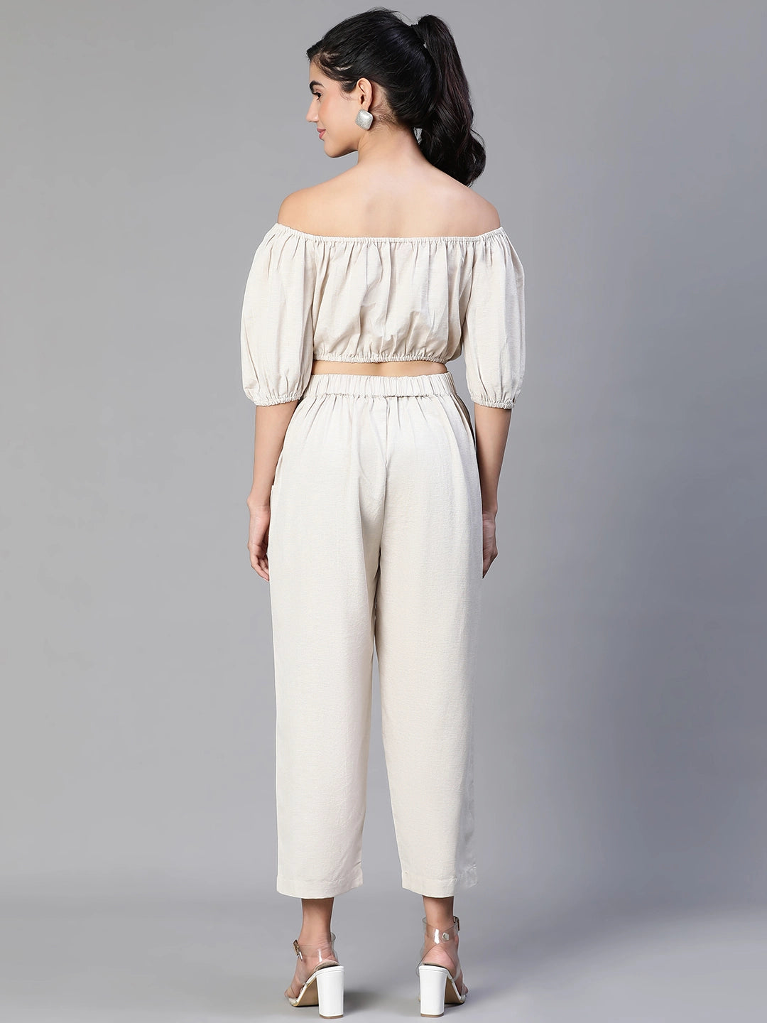 Solid Beige Cold Shoulder Top And Elasticated Pant Co-Ords