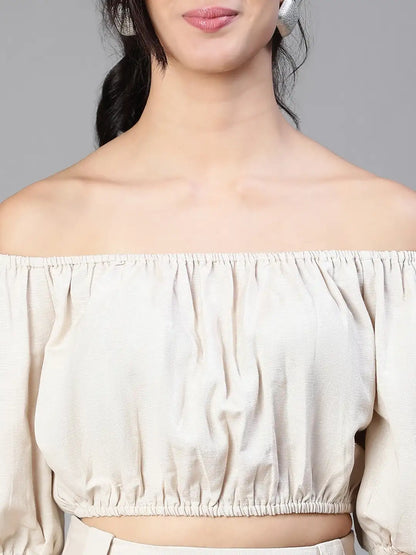 Solid Beige Cold Shoulder Top And Elasticated Pant Co-Ords