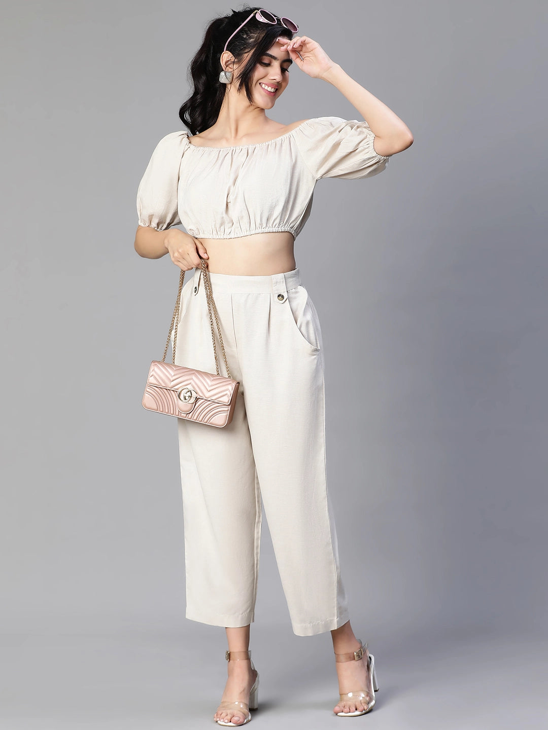 Solid Beige Cold Shoulder Top And Elasticated Pant Co-Ords