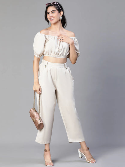 Solid Beige Cold Shoulder Top And Elasticated Pant Co-Ords