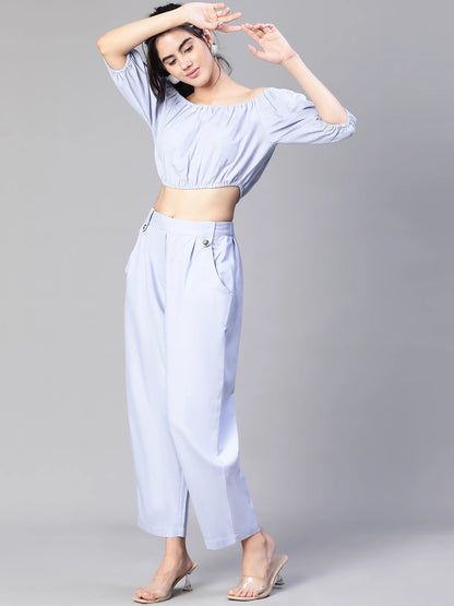 Solid Blue Cold Shoulder Top and Elasticated Pant Set