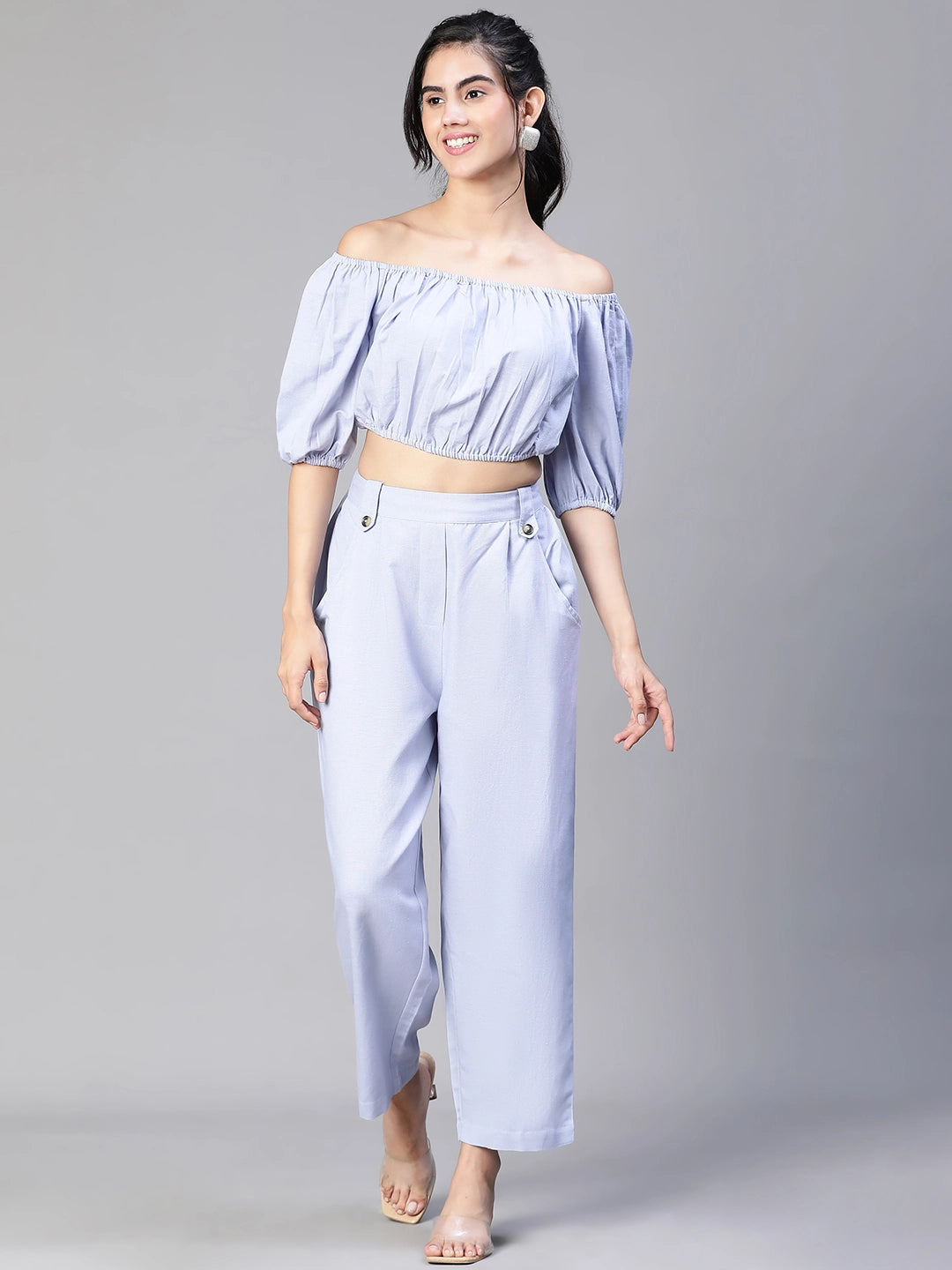 Solid Blue Cold Shoulder Top and Elasticated Pant Set