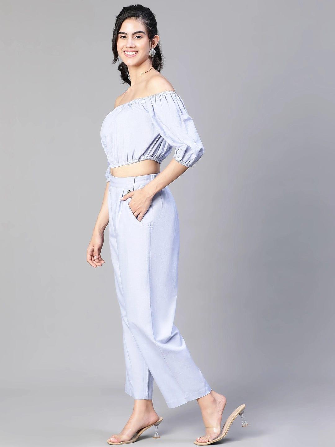 Solid Blue Cold Shoulder Top and Elasticated Pant Set