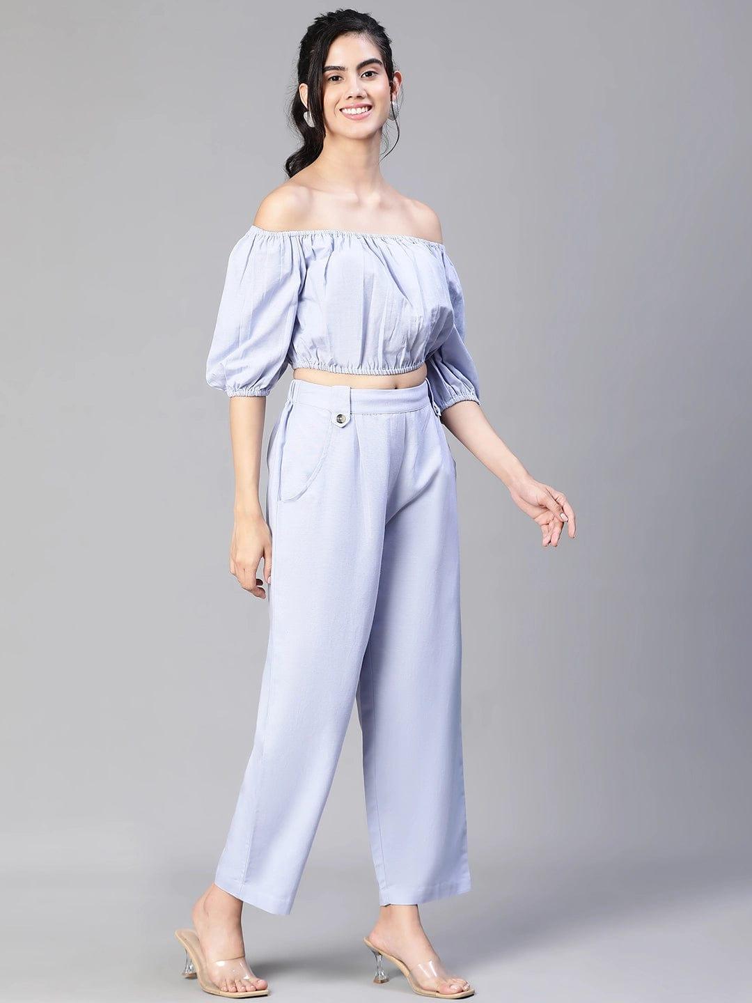 Solid Blue Cold Shoulder Top and Elasticated Pant Set