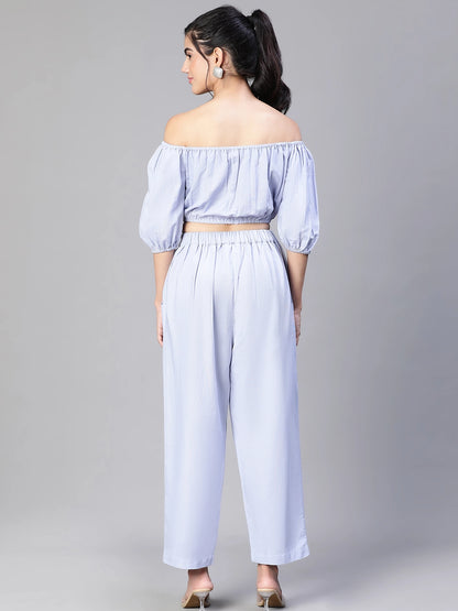 Solid Blue Cold Shoulder Top and Elasticated Pant Set