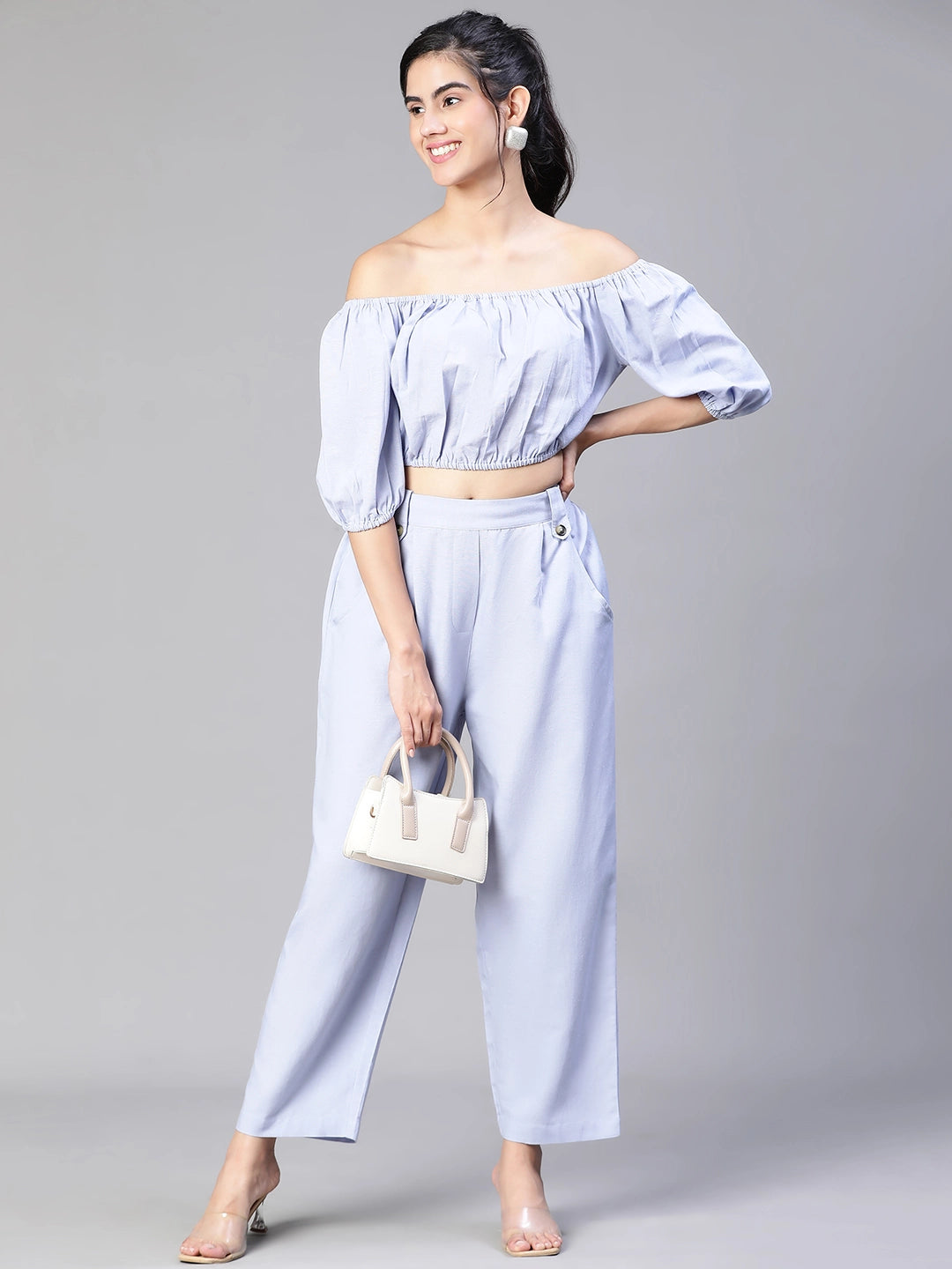 Solid Blue Cold Shoulder Top and Elasticated Pant Set