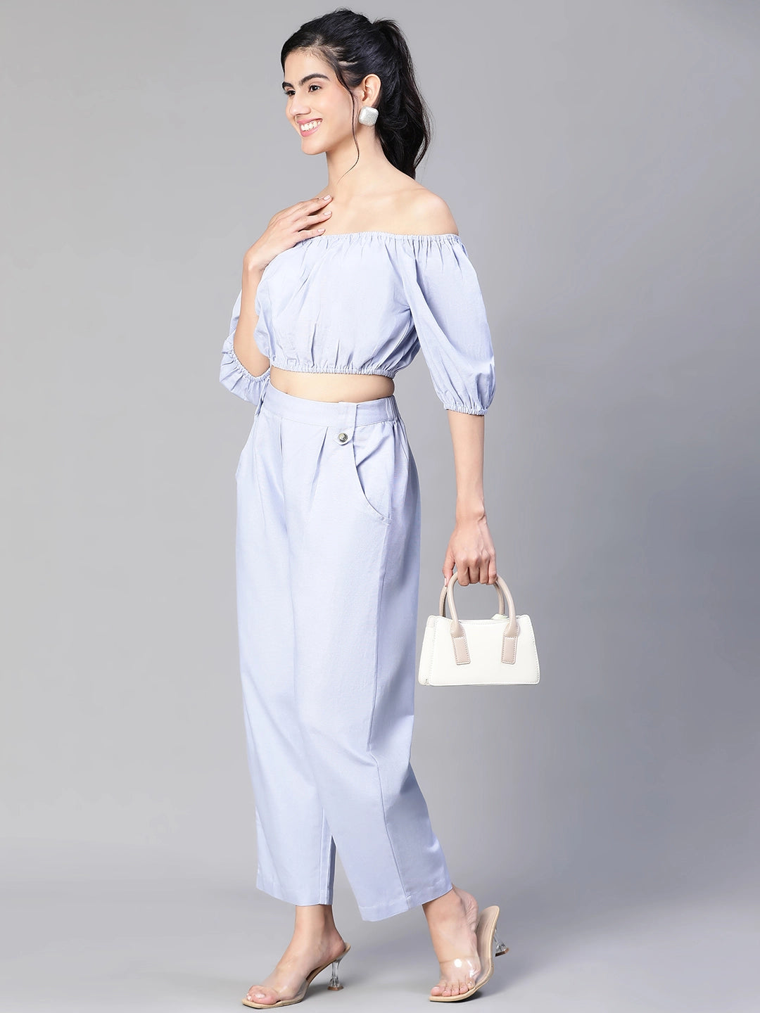 Solid Blue Cold Shoulder Top and Elasticated Pant Set