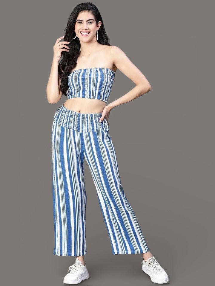 Women Blue Stripe Print Top and Pant Set