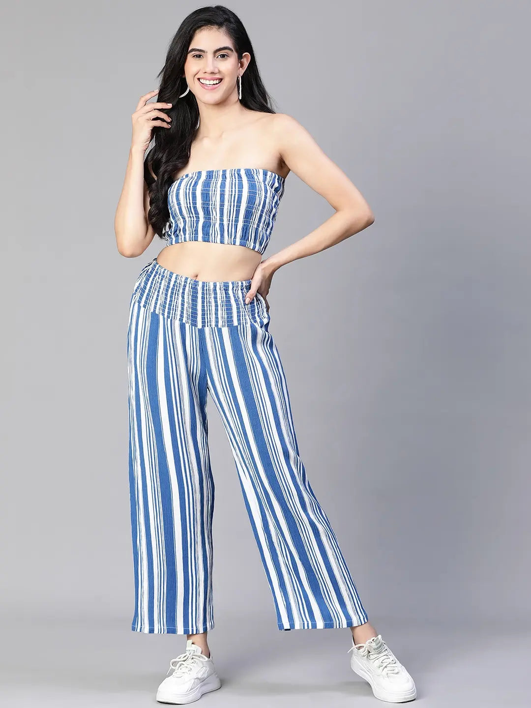 Women Blue Stripe Print Bustier Top and Pant Set