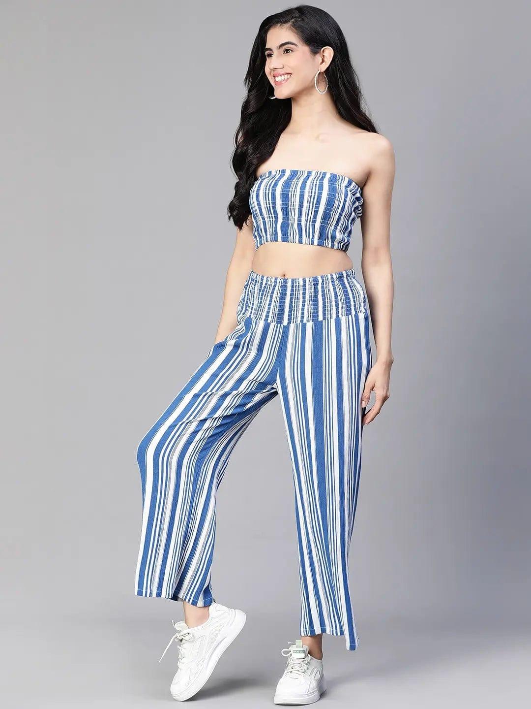 Women Blue Stripe Print Bustier Top and Pant Set