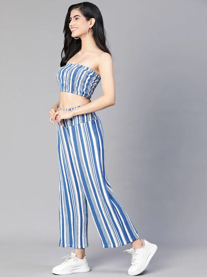 Women Blue Stripe Print Bustier Top and Pant Set