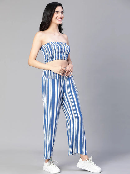 Women Blue Stripe Print Bustier Top and Pant Set