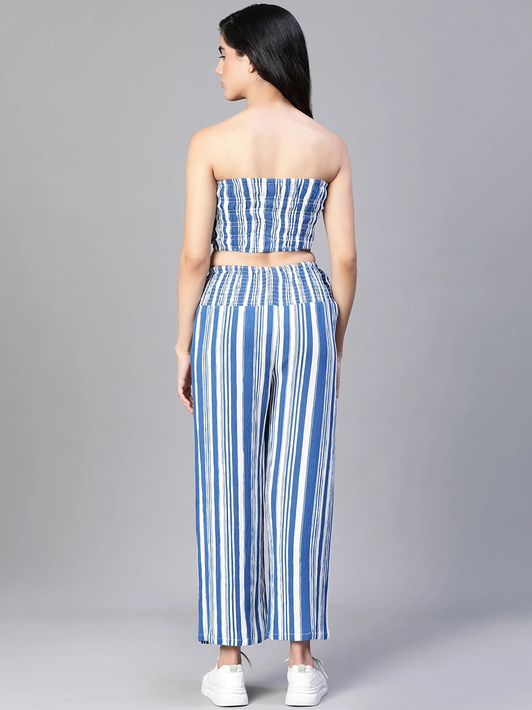 Women Blue Stripe Print Bustier Top and Pant Set