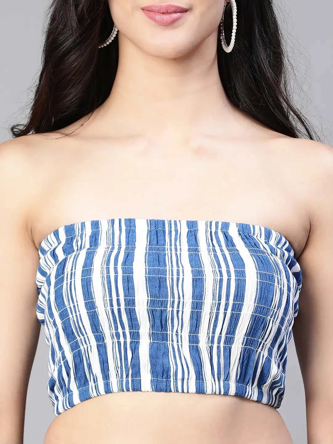 Women Blue Stripe Print Bustier Top and Pant Set