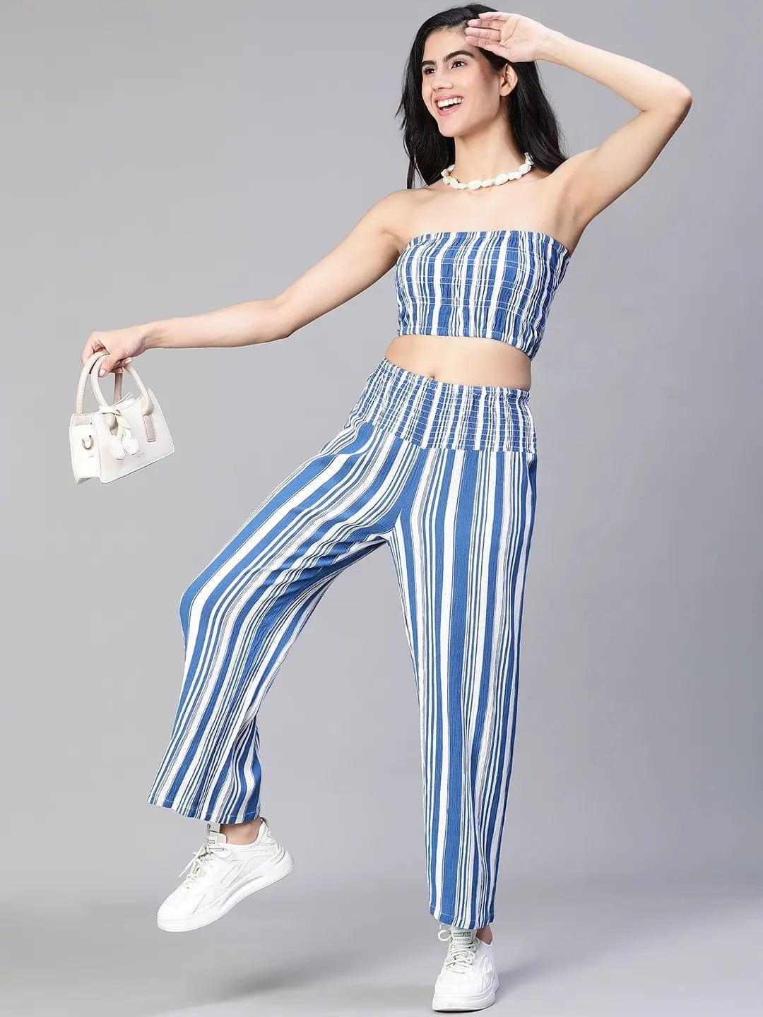 Women Blue Stripe Print Bustier Top and Pant Set