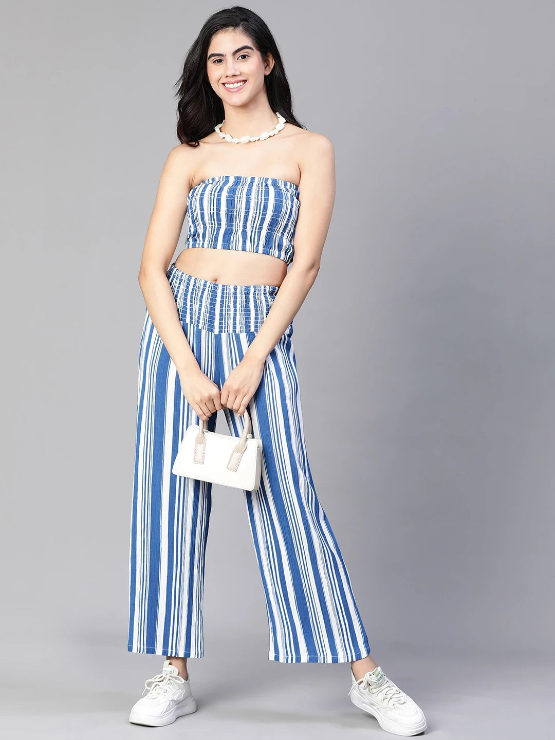 Women Blue Stripe Print Bustier Top and Pant Set