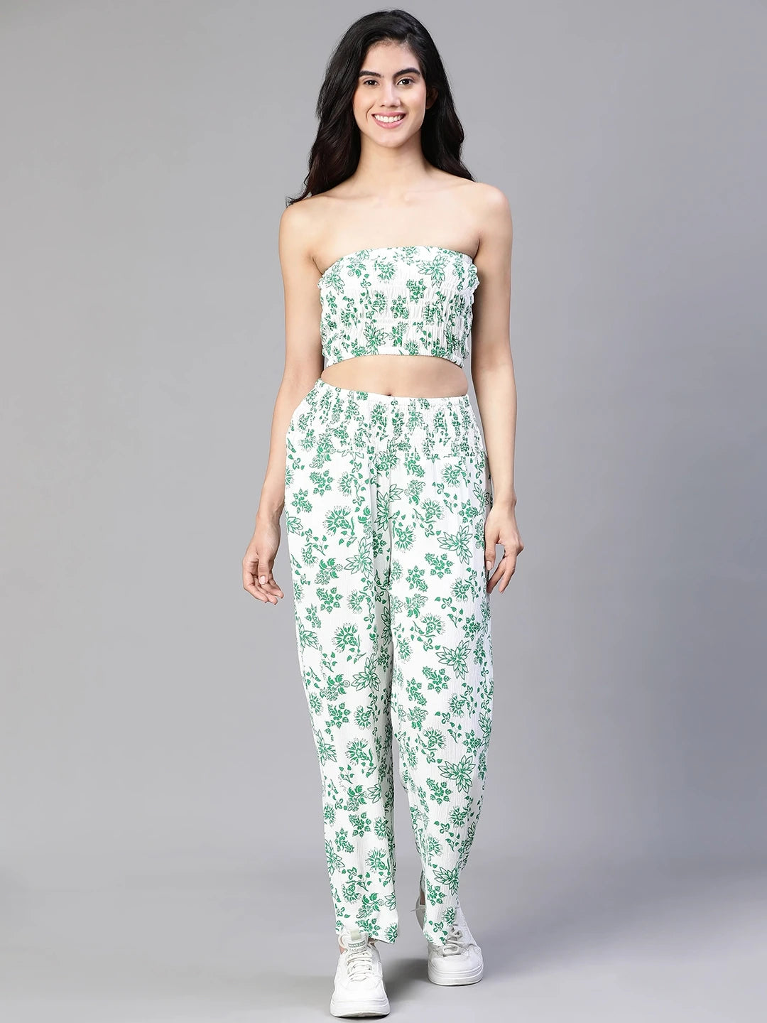 Women Green Floral Print Bustier Top and Pant Set