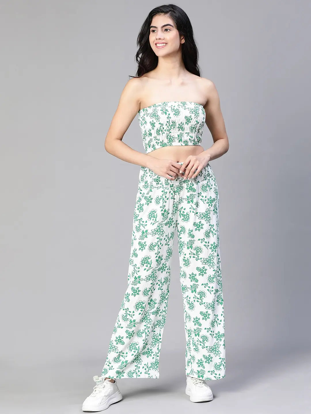 Women Green Floral Print Bustier Top and Pant Set