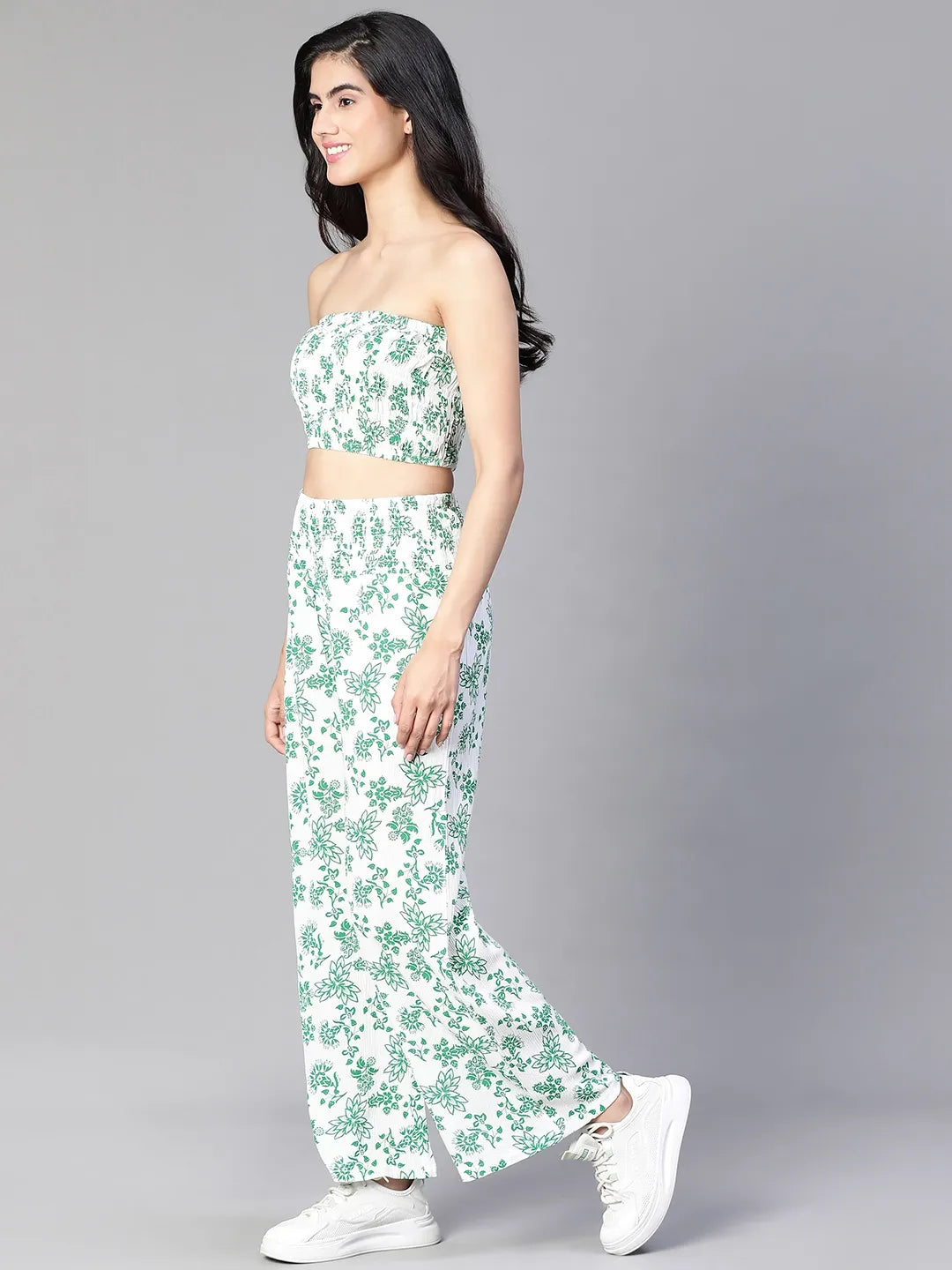 Women Green Floral Print Bustier Top and Pant Set