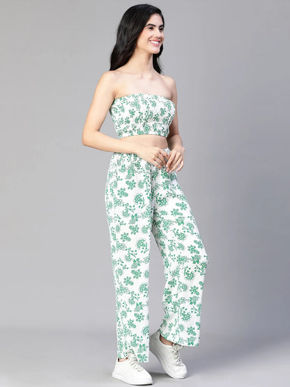 Women Green Floral Print Bustier Top and Pant Set