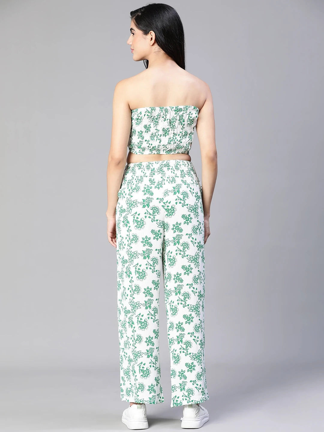 Women Green Floral Print Bustier Top and Pant Set