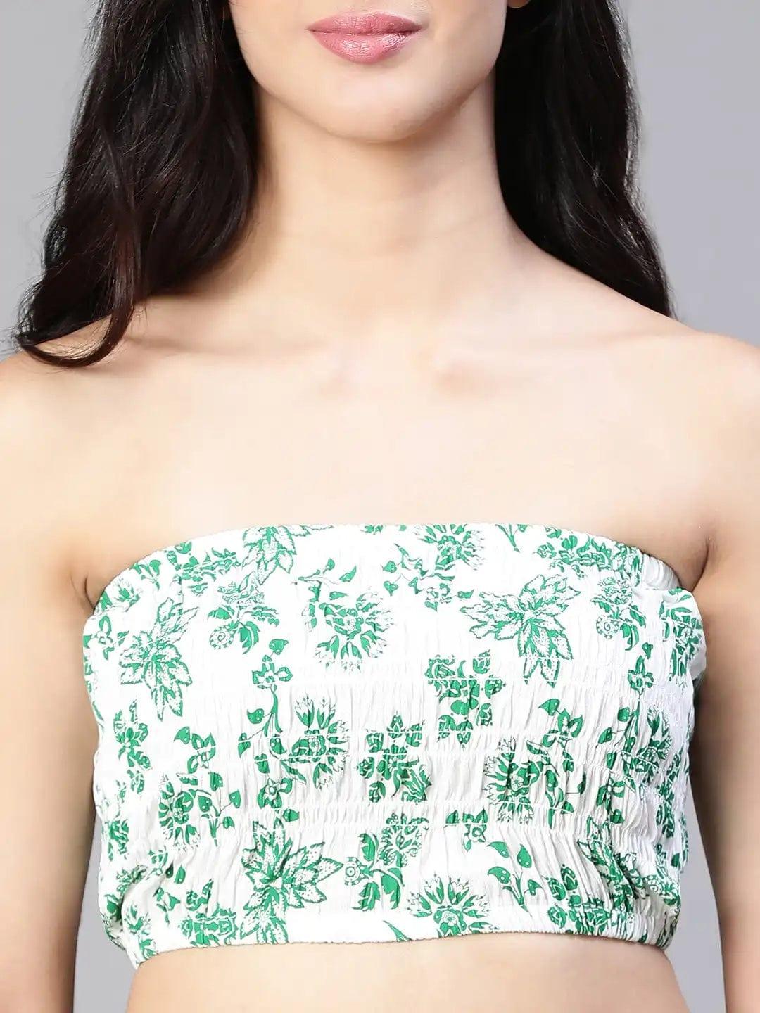 Women Green Floral Print Bustier Top and Pant Set