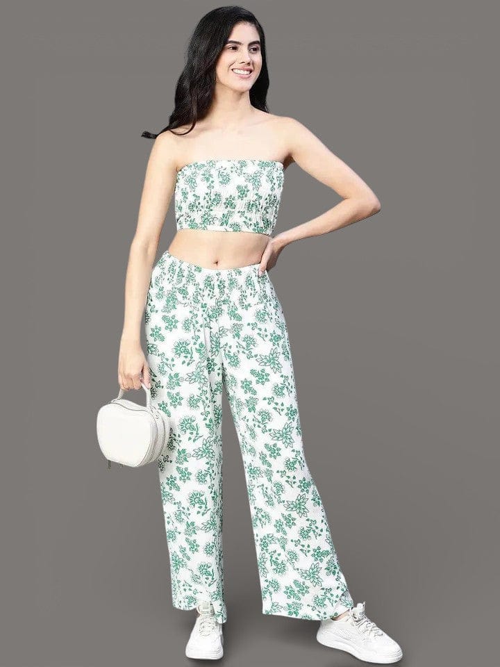 Women Green Floral Print Bustier Top and Pant Set
