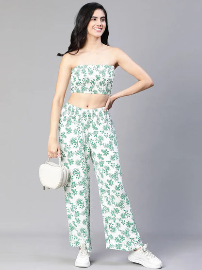 Women Green Floral Print Bustier Top and Pant Set