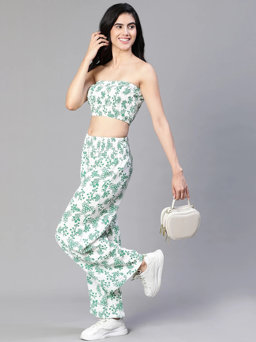 Women Green Floral Print Bustier Top and Pant Set