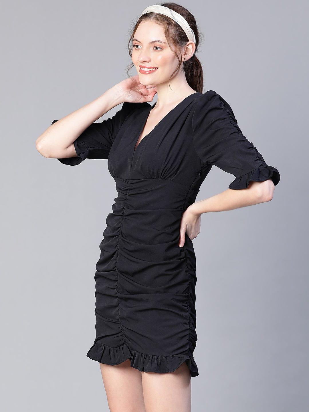 Black Gather Pleated V-Neck Ruffle Women Dress