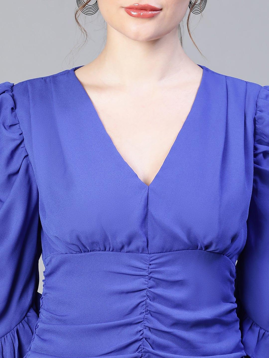 Blue Gather Pleated V-Neck Ruffle Women Dress