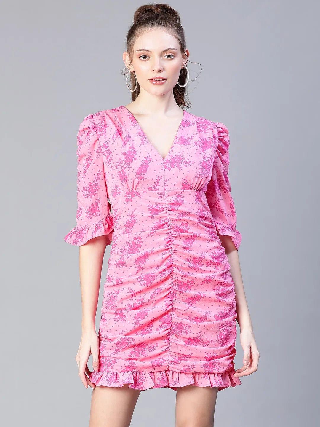 Pink Floral Print Gather Pleated V-Neck Ruffle Women Dress