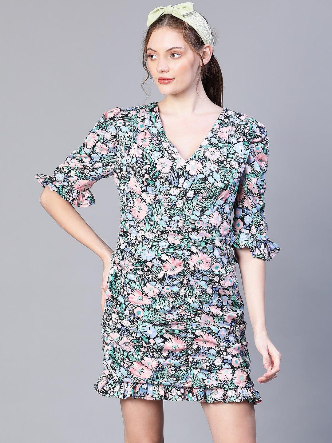 Multicolor Floral Print Gather Pleated V-Neck Ruffle Women Dress