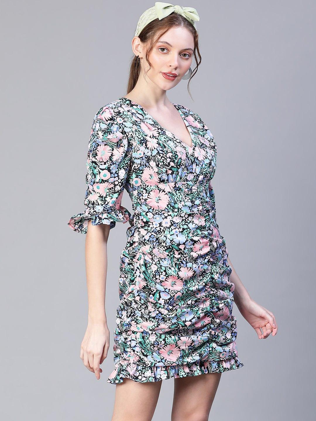 Multicolor Floral Print Gather Pleated V-Neck Ruffle Women Dress