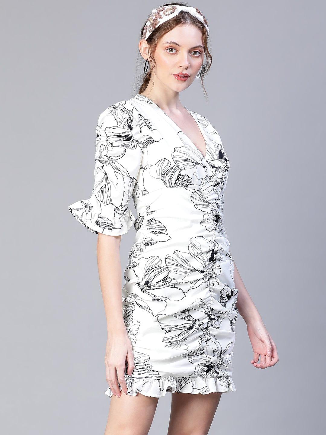 White Floral Print Gather Pleated V-Neck Ruffle Women Dress