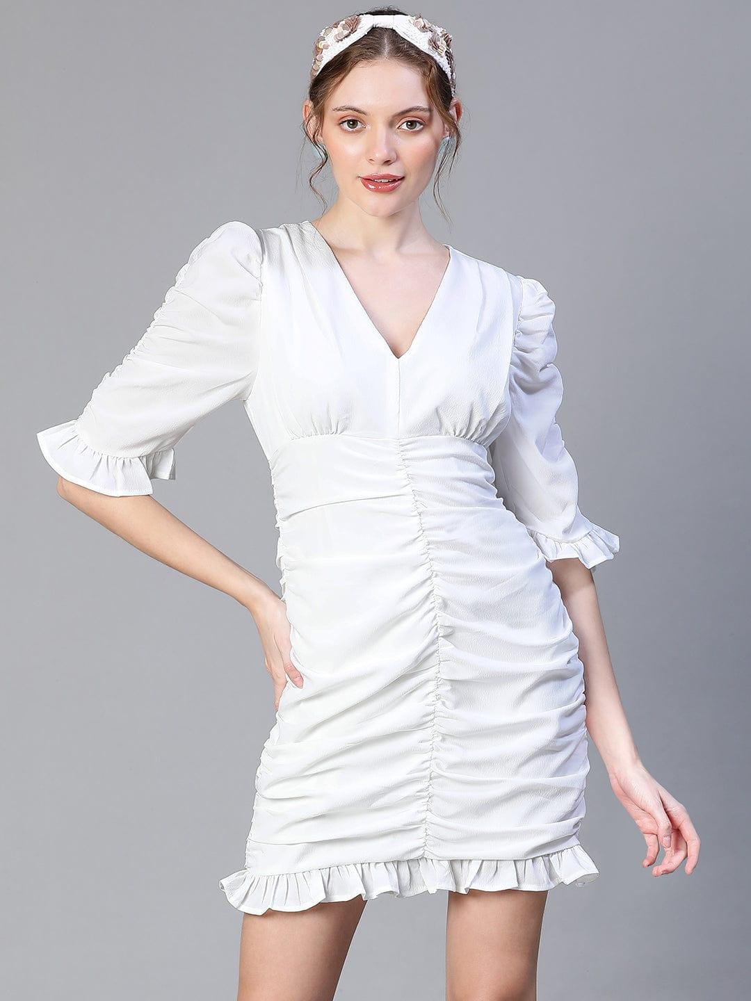 White Gather Pleated V-Neck Ruffle Women Dress